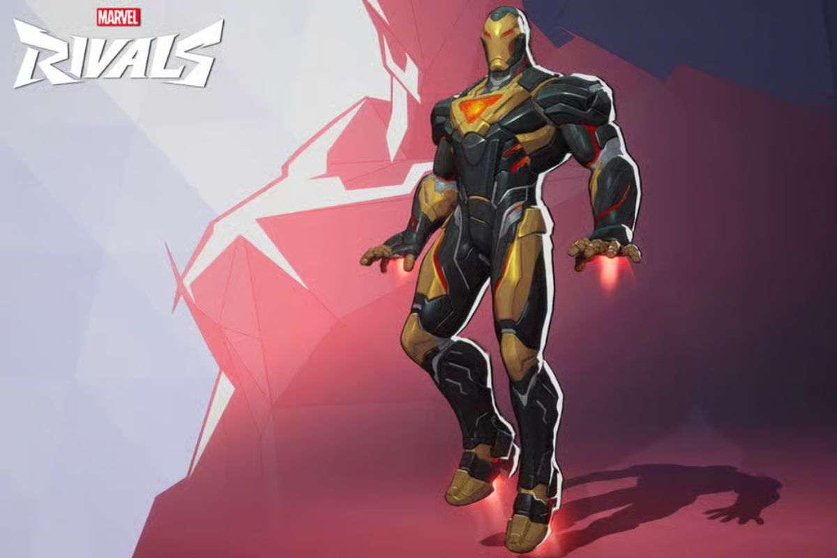 iron man con armatura nera e dorata, scritta marvel rivals