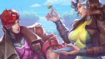 personaggio donna con capelli castani e grigi con tuta gialla e verde e giubotto di pelle che da da mangiare a uomo con capelli rossi , giacca di pelle e maglia viola