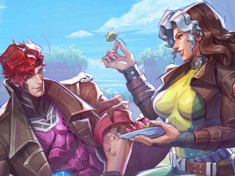 personaggio donna con capelli castani e grigi con tuta gialla e verde e giubotto di pelle che da da mangiare a uomo con capelli rossi , giacca di pelle e maglia viola