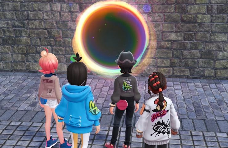 screenshot di Leggende Pokémon Z-A: Megadimensione con personaggi davanti a squarcio