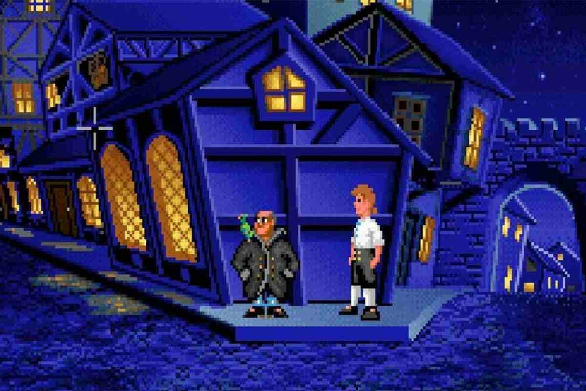 personaggio con vestito verde, personaggio con capellibiondi su sfondo d case blu imminate all'interno