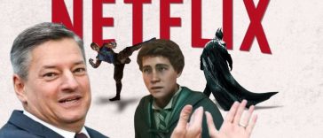 ted sarandos che indica ragazz con casacca verde proveninete da gioco Hogwarts legacy, batman, personaggio che tira calcio, bat mano a testa in giù, scritta netflix