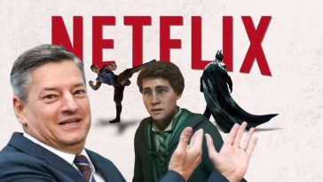 ted sarandos che indica ragazz con casacca verde proveninete da gioco Hogwarts legacy, batman, personaggio che tira calcio, bat mano a testa in giù, scritta netflix