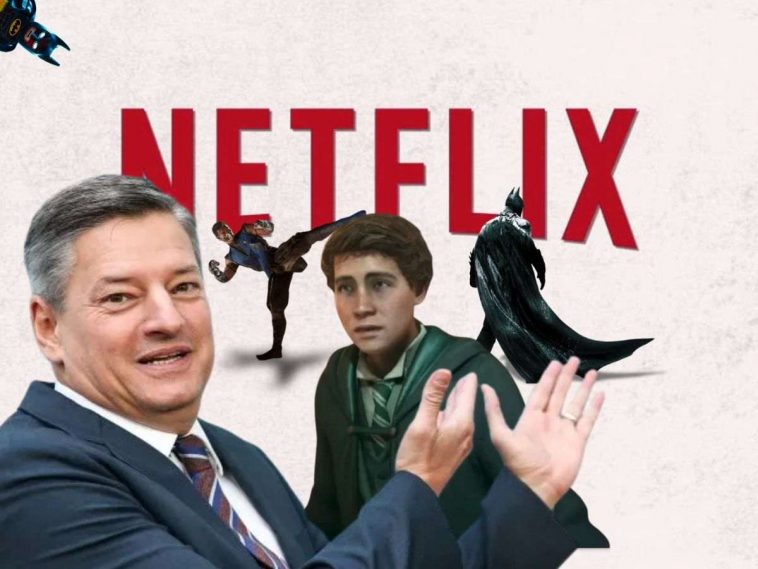 ted sarandos che indica ragazz con casacca verde proveninete da gioco Hogwarts legacy, batman, personaggio che tira calcio, bat mano a testa in giù, scritta netflix