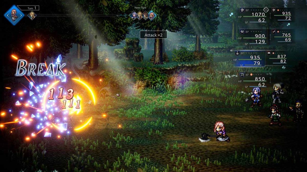 Combattimento in Octopath Traveler 0 dove un personaggio riesce a rompere gli scudi del nemico