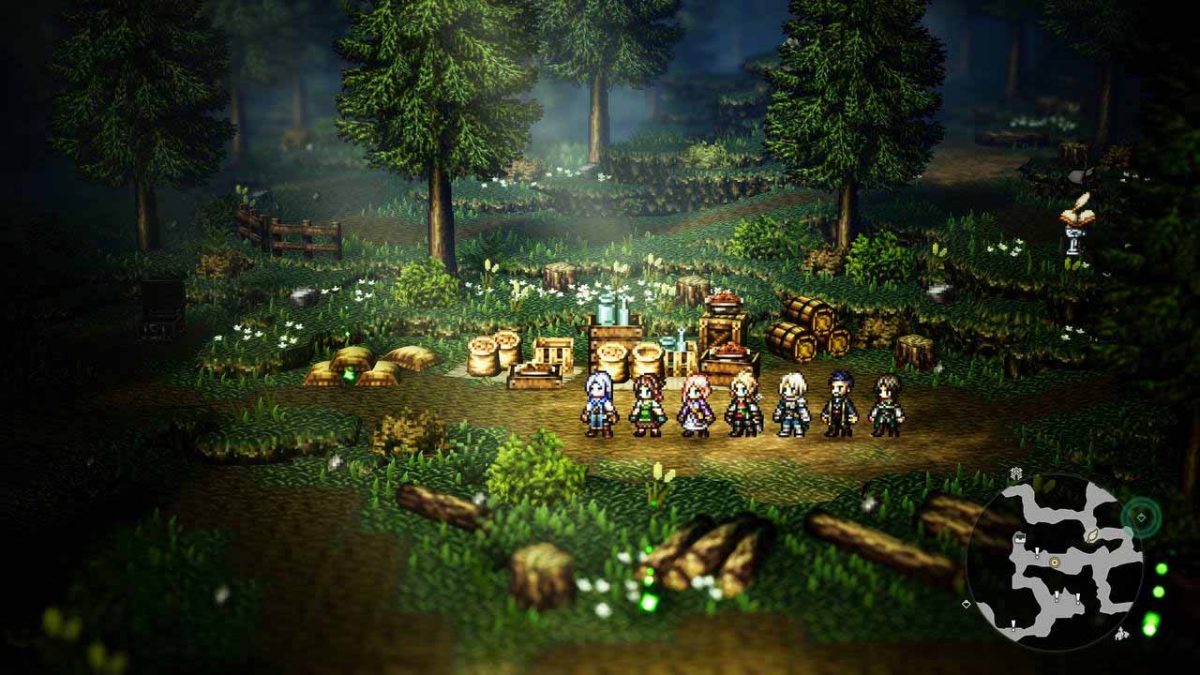 Personaggi di Octopath Traveler 0 in fila indiana
