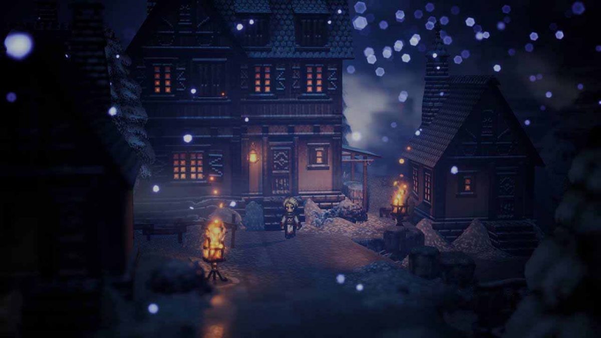 Scenario di una città innevata in Octopath Traveler 0
