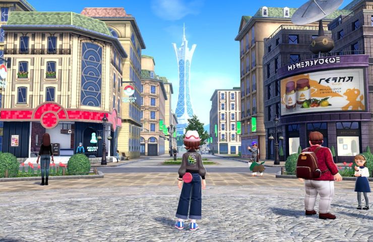 screenshot di leggende pokemon z-a con allenatrice su strada di Luminopoli di spalle