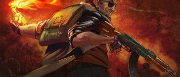 uomo con occhiali da sole, fucile d'assalto, zaino e molotov