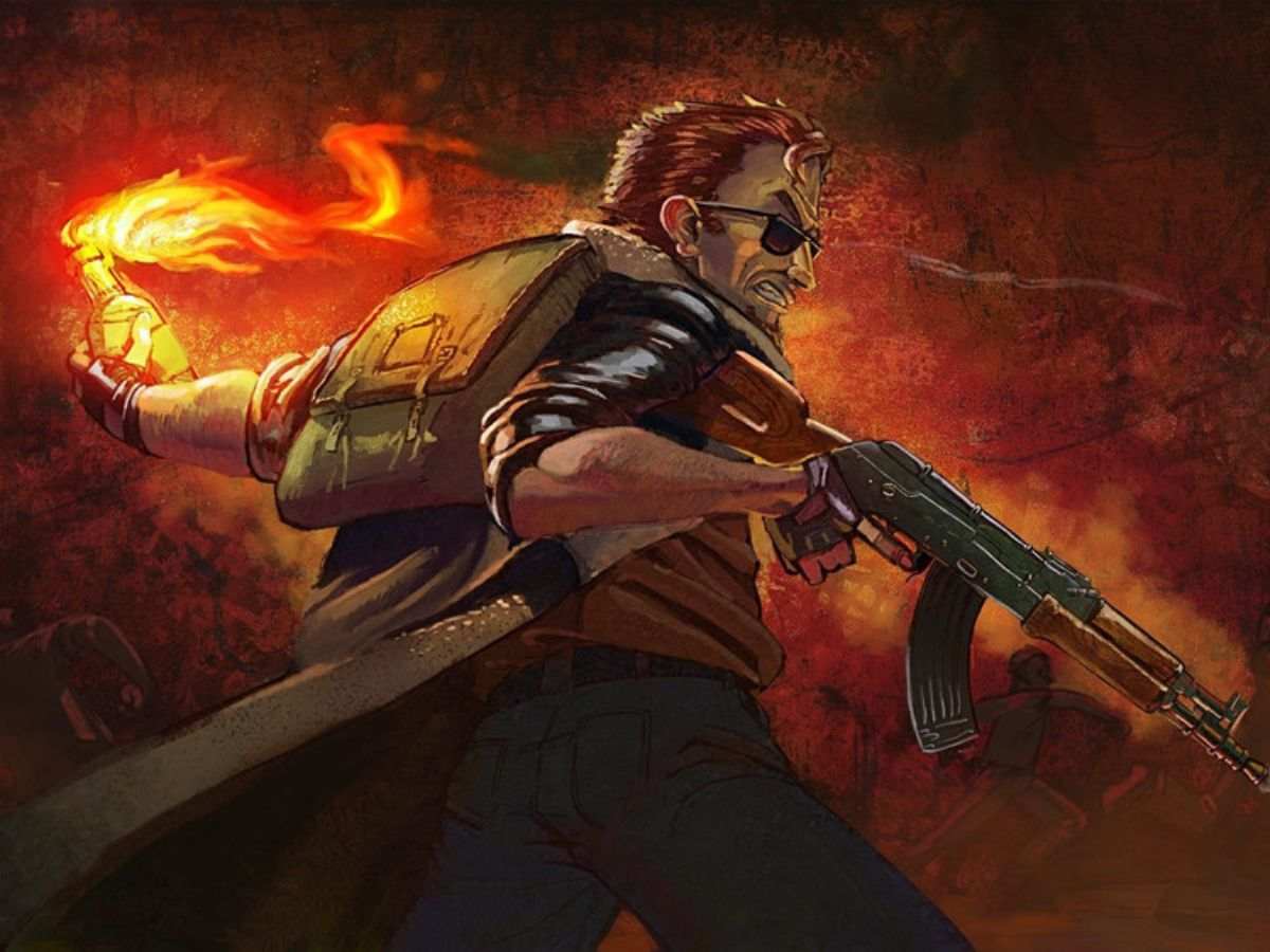 uomo con occhiali da sole, fucile d'assalto, zaino e molotov