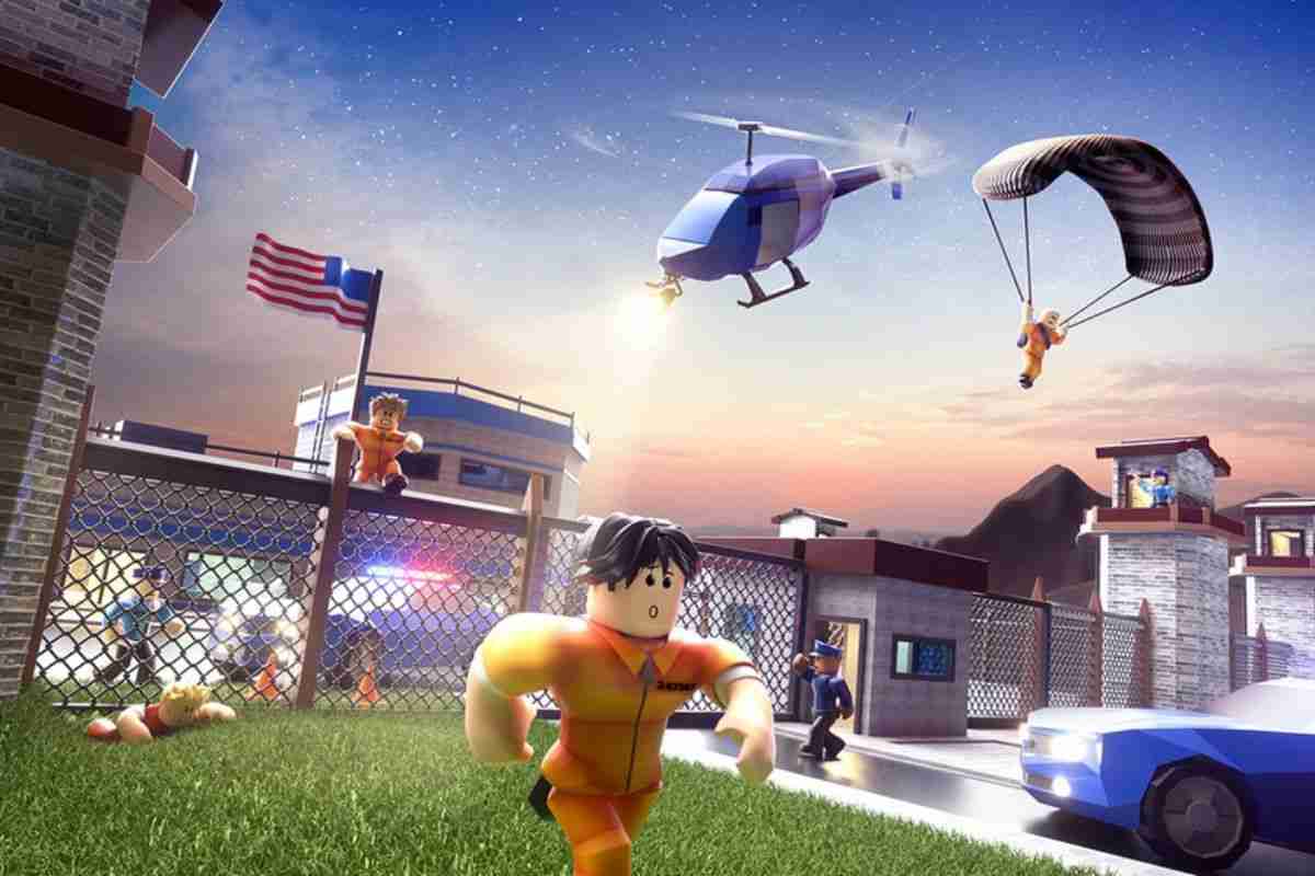 personaggio robloc che scappa da prigione, bandiera amercana, elicottero