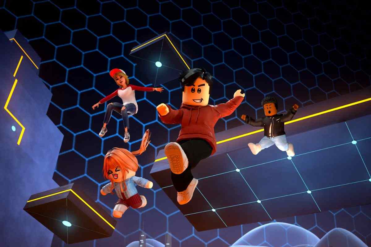 personaggi Roblox saltano in ambiente cibernetico