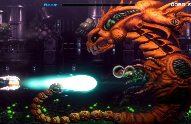 screenshot di R-Type Dimensions III con nave che spara a mostro spaziale