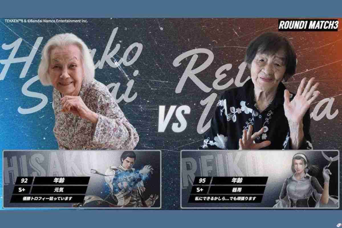 signora anziana giapponese con capelli bianchi in posa di lotta, signora giapponese con capelli neri, segno VS