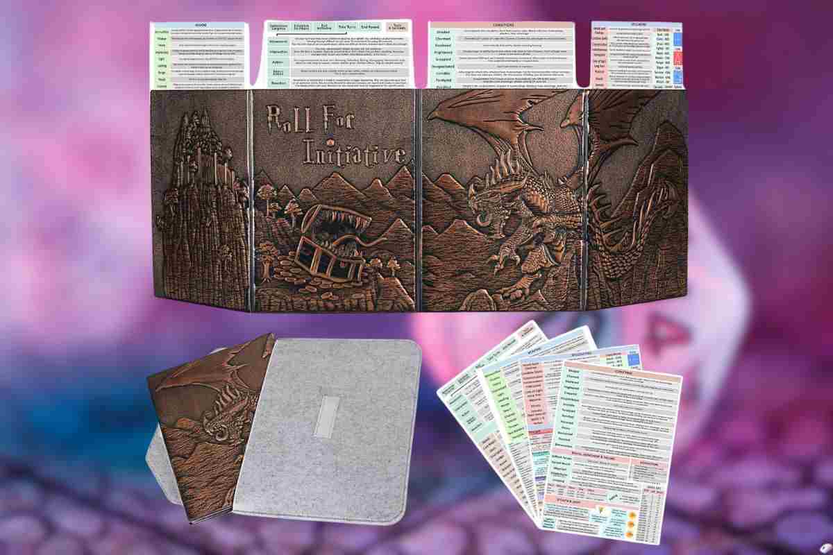 schermo master con immagini drago e mimi, fogli, custodia grigia