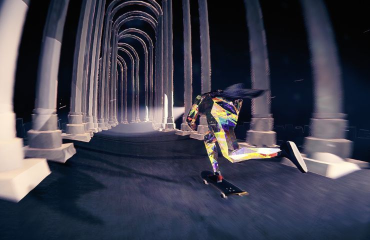 screenshot di Skate Story con personaggio sullo skate in un tempio