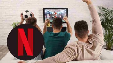 uomini che esultano per la partita e logo netflix