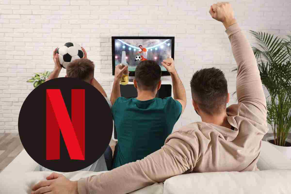uomini che esultano per la partita e logo netflix