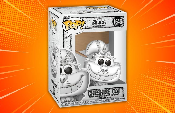 funko pop di Alice nel Paese delle Meraviglie: Stregatto su sfondo arancione