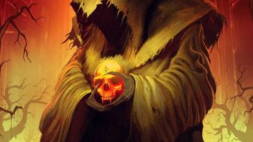 key art di the temple of elemental evil con demone incappucciato con teschio in mano in primo piano