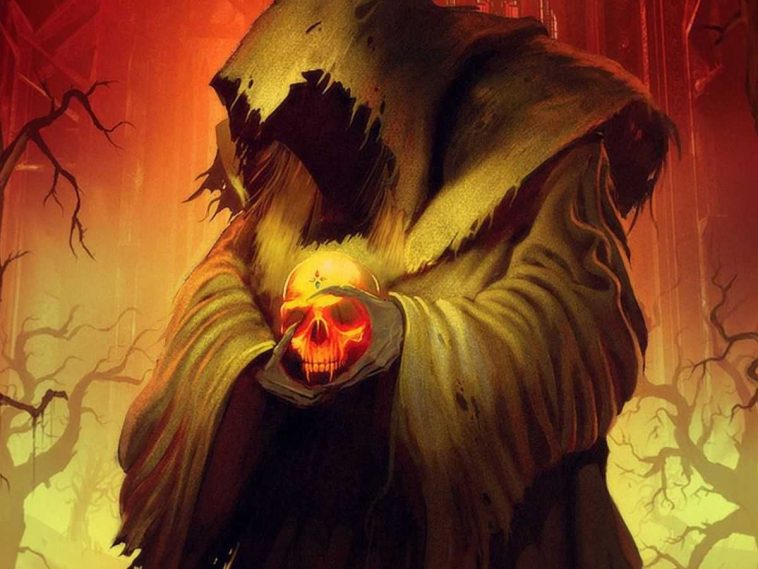 key art di the temple of elemental evil con demone incappucciato con teschio in mano in primo piano