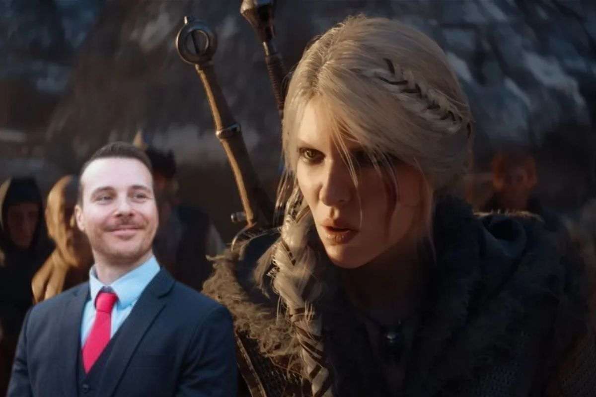 felic pedulla sorridente con giacca, cravatta rossa, Ciri donna con capelli grigi arrabbiata con due spade sulla schiena