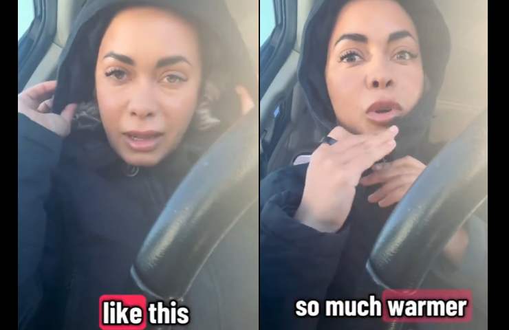 donna spiega come mettere la pelliccia dentro il cappuccio