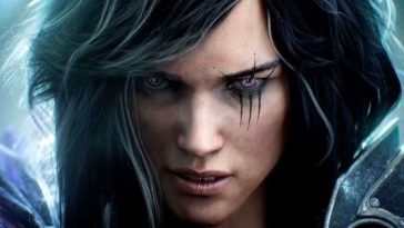 donna con capelli neri, occhi viola, segni tipo graffi sull'occhio