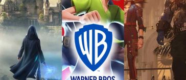 logo di warner bros games su collage di tre giochi warner bros hogwarts legacy, multiversus e kill the justice league