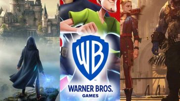 logo di warner bros games su collage di tre giochi warner bros hogwarts legacy, multiversus e kill the justice league