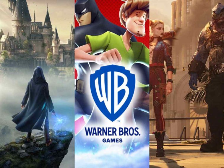logo di warner bros games su collage di tre giochi warner bros hogwarts legacy, multiversus e kill the justice league