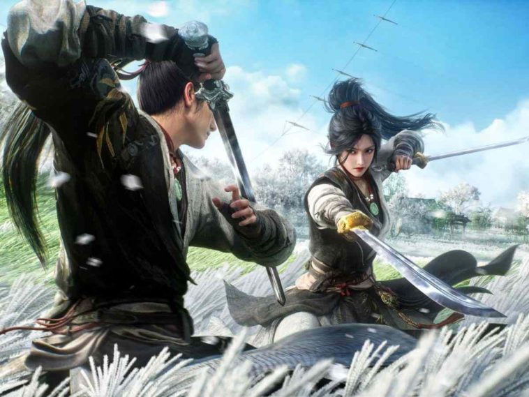 due guerrieri cinesi lottano con spade in campo di fiori bianchi