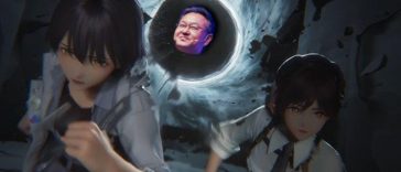 due ragazze in stile anime videogioco corrono, alle spalle portale nero con faccia di yoshda