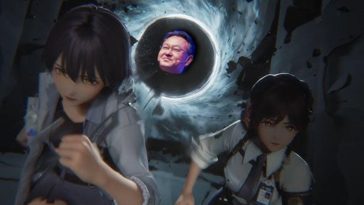 due ragazze in stile anime videogioco corrono, alle spalle portale nero con faccia di yoshda