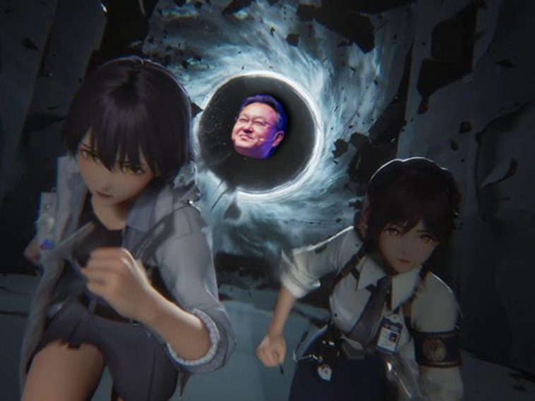 due ragazze in stile anime videogioco corrono, alle spalle portale nero con faccia di yoshda