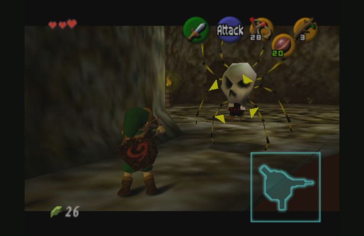 screenshot di zelda ocarina of time con link che tira freccia al ragno