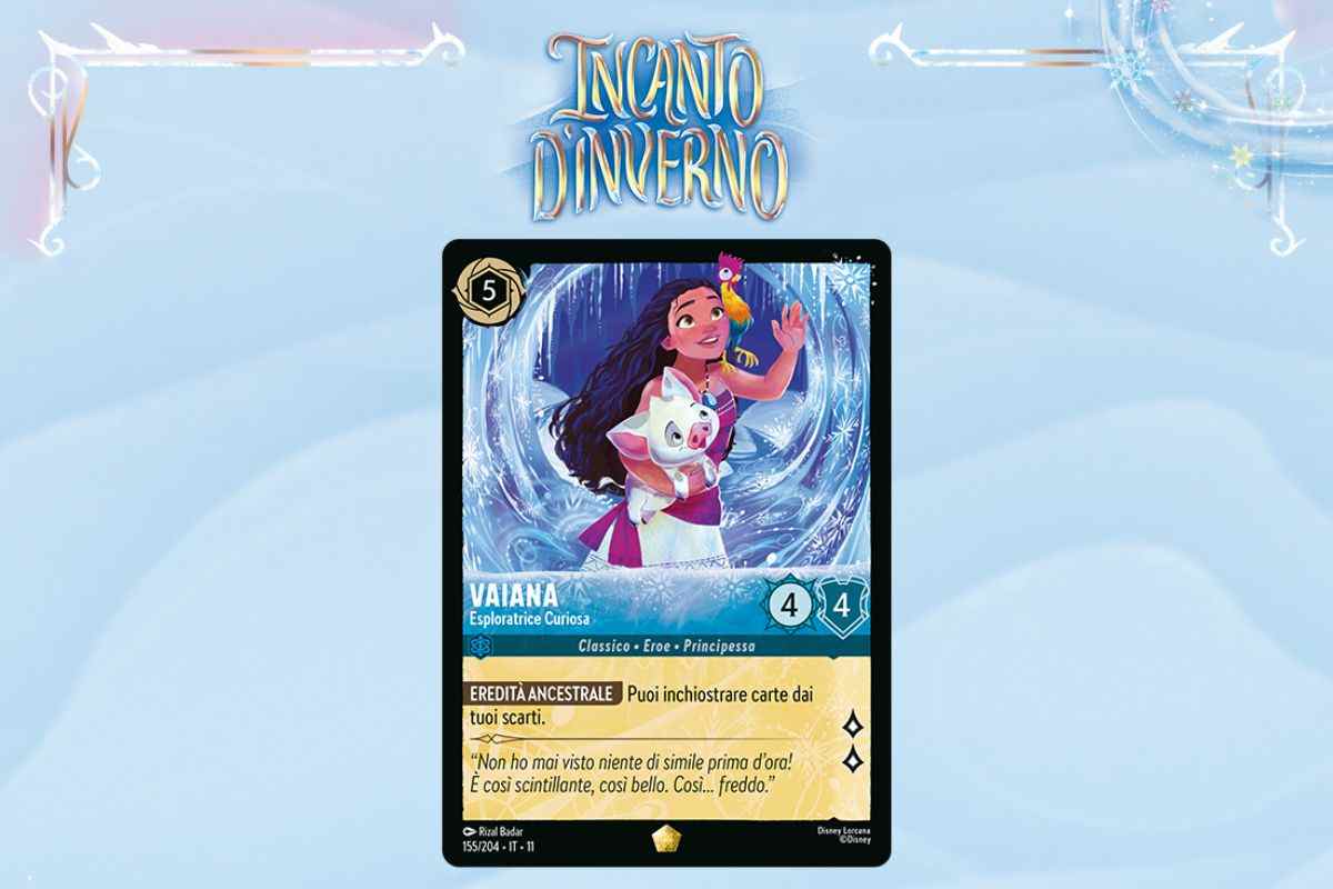 scritta incanto d'inverno, carta con Vaiana circondata da neve