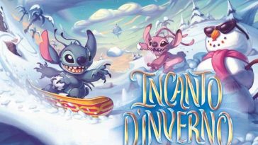 stitch che scia con palla di neve in mano, scrittaincnato d'inverno