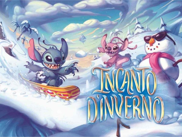 stitch che scia con palla di neve in mano, scrittaincnato d'inverno