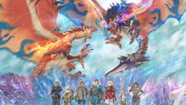 Due Rathalos si sfidano in cielo mentre i protagonisti di Monster Hunter Stories 3 Twisted Reflection sono in secondo piano in basso