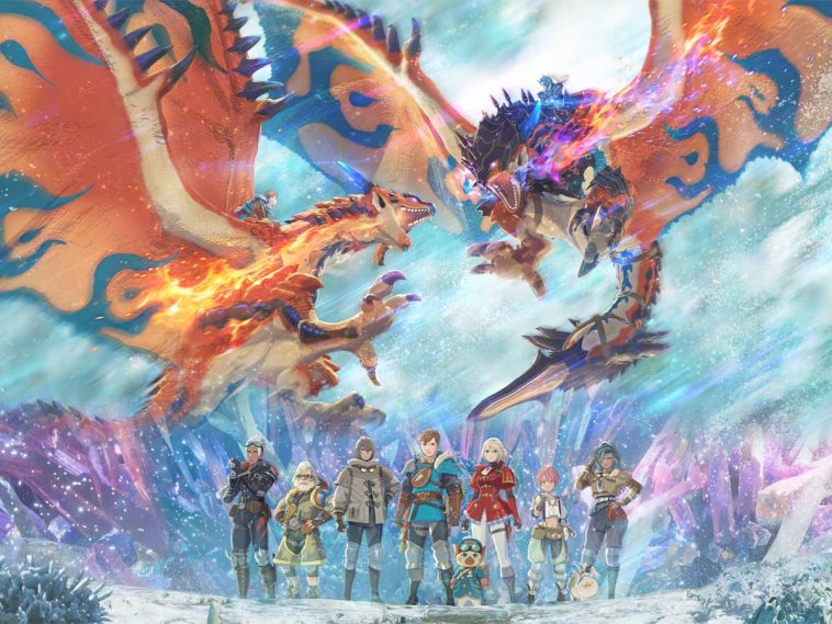 Due Rathalos si sfidano in cielo mentre i protagonisti di Monster Hunter Stories 3 Twisted Reflection sono in secondo piano in basso
