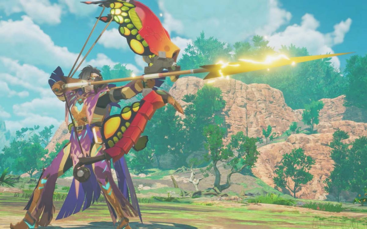 Protagonista di Monster Hunter Stories Twisted Reflection tira una freccia elettrica con l'arco