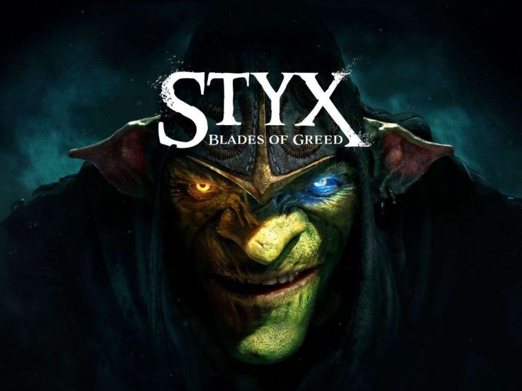 scritta styx blades of greed, faccia di goblin verde con cappuccio